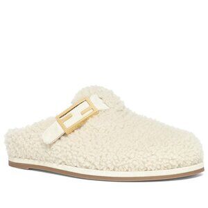 FENDI Feel FF Shearling  Buckled Sabots Mules Slides Flat Clog Sandals